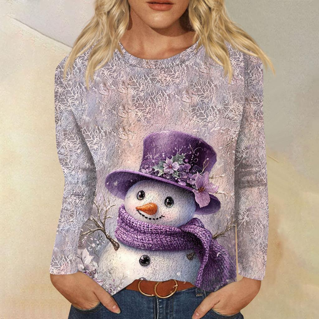 Женская модная повседневная фланелевая футболка с длинным рукавом и круглым вырезом с рождественским принтом