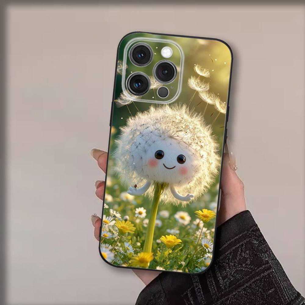 Арт чехол для телефона с цветами одуванчика для iPhone 17,16,15,14,13,12,11,Pro,Max,Plus,Air,X,XS,XR,SE,8,7,Mini, Мягкий черный Funda