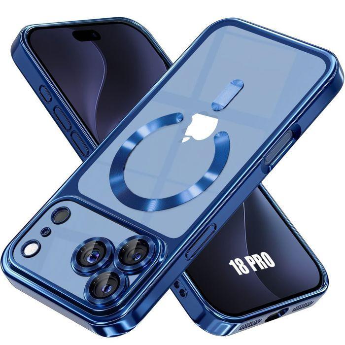 Coque pour iPhone 18 Pro, Protection Transparente avec Anneau Magnétique - Contour Bleu Marine