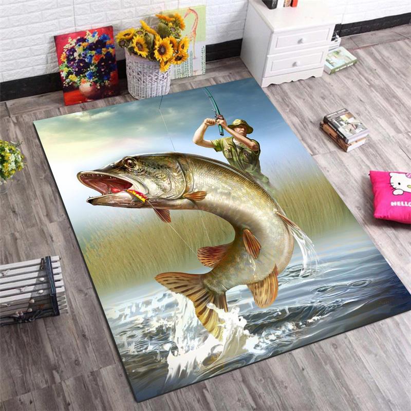 Big Fish Fishing Hunter Scenery Print Area Rug Non‑Slip Rectangular Floor Mat Fishing Lover Gaming Living Room Decor
