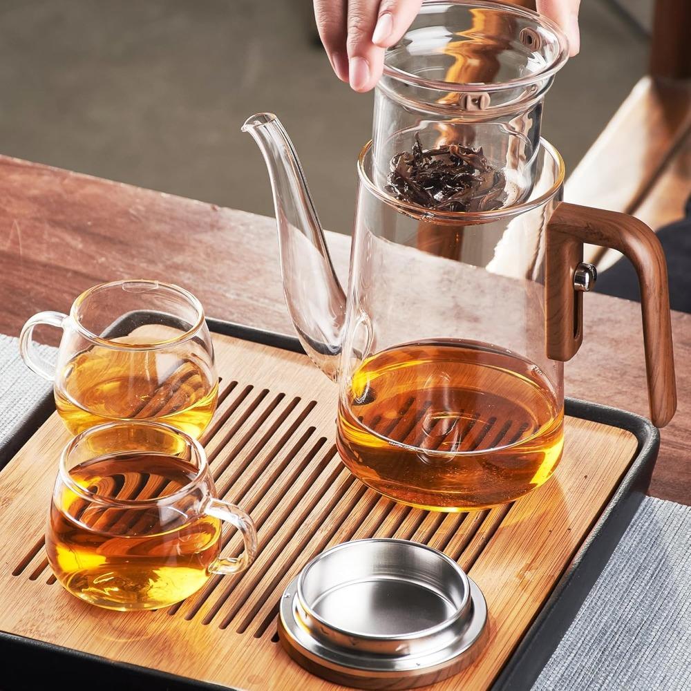 Glass Teapot with Filter Wooden Handle One Click Magnetic Switch Tea Separation Filtration Suitable for Family Gifts Offices