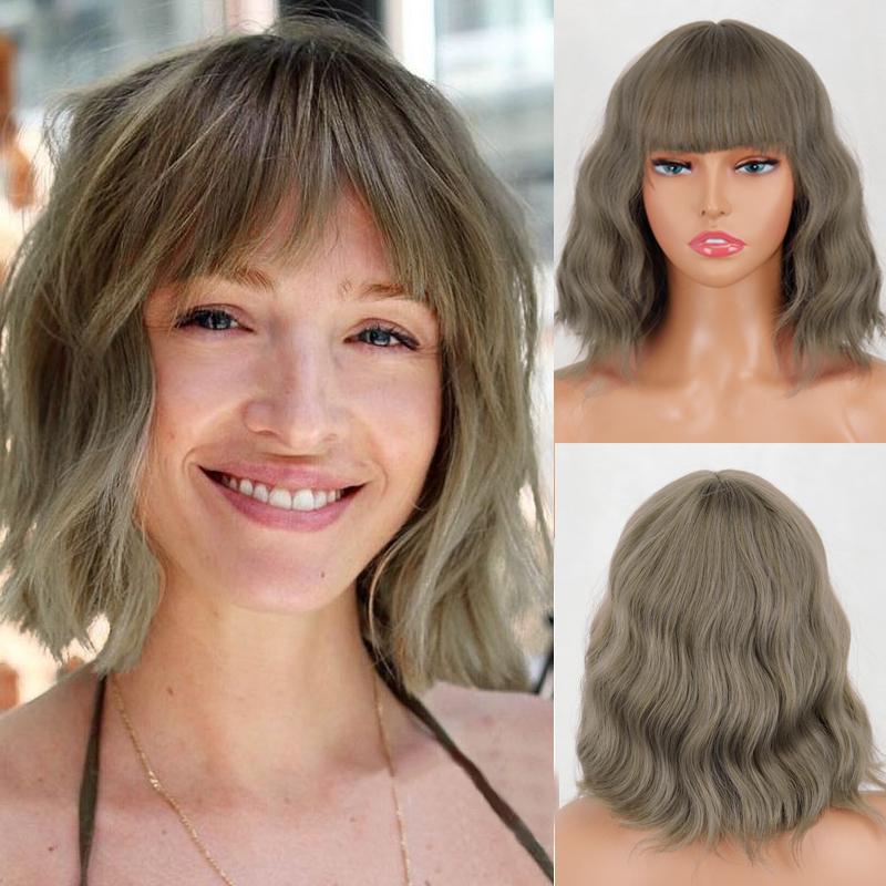 MERISIHAIR Женский короткий боб, натуральный волнистый розовый парик с челкой из синтетического волокна, короткий парик с волнистыми волосами, повседневная одежда, косплей