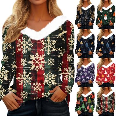 Женская футболка, модная, повседневная, с длинным рукавом, с принтом, флисовым воротником, с V-образным вырезом