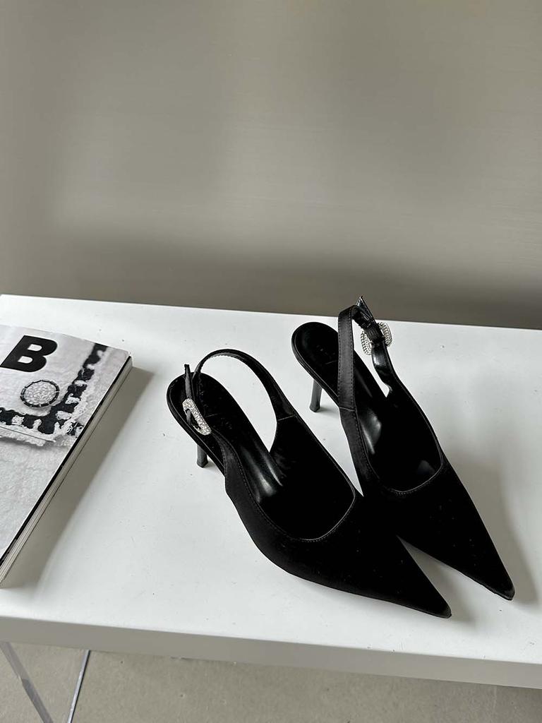 Модные женские босоножки с острым носком, летние туфли, тонкие высокие каблуки, ремешок сзади, стразы, пряжка, сексуальные шлепанцы, розовые, бежевые, черные, 35-39