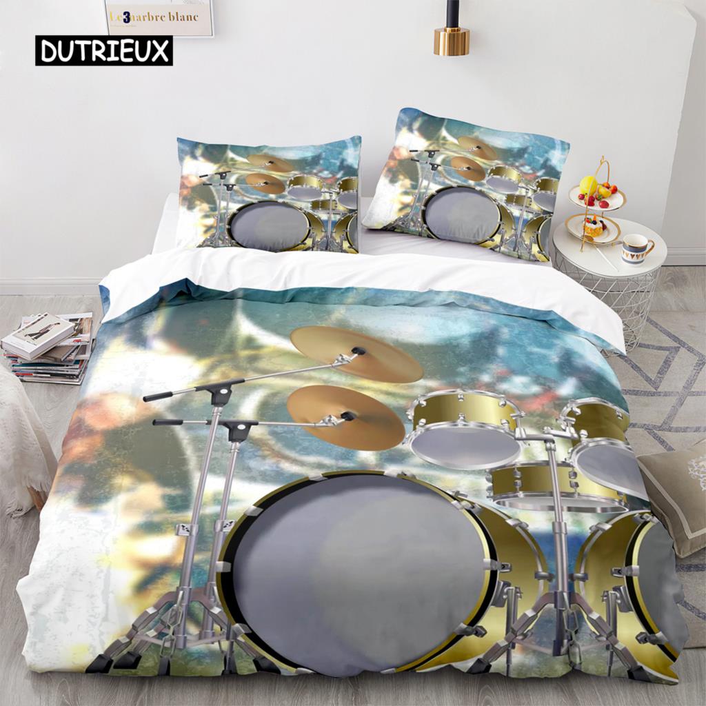 Drum Kit Duvet Cover Set Classical Music Comforter Cover Musical Instrument Lightning Pattern Quilt Cover for Kids Boys Teens