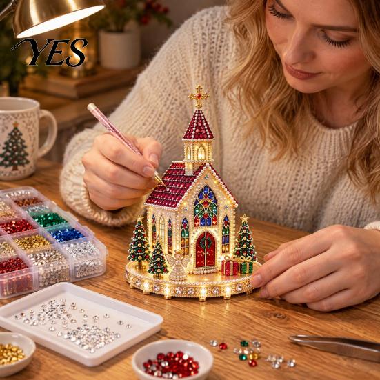 Decorative Table Ornament Christmas Faux Gem Art Kit, Make Light-up Shiny Church Xmas Village House, Relaxation for Adults DIY Rhinestone Pearl Craft