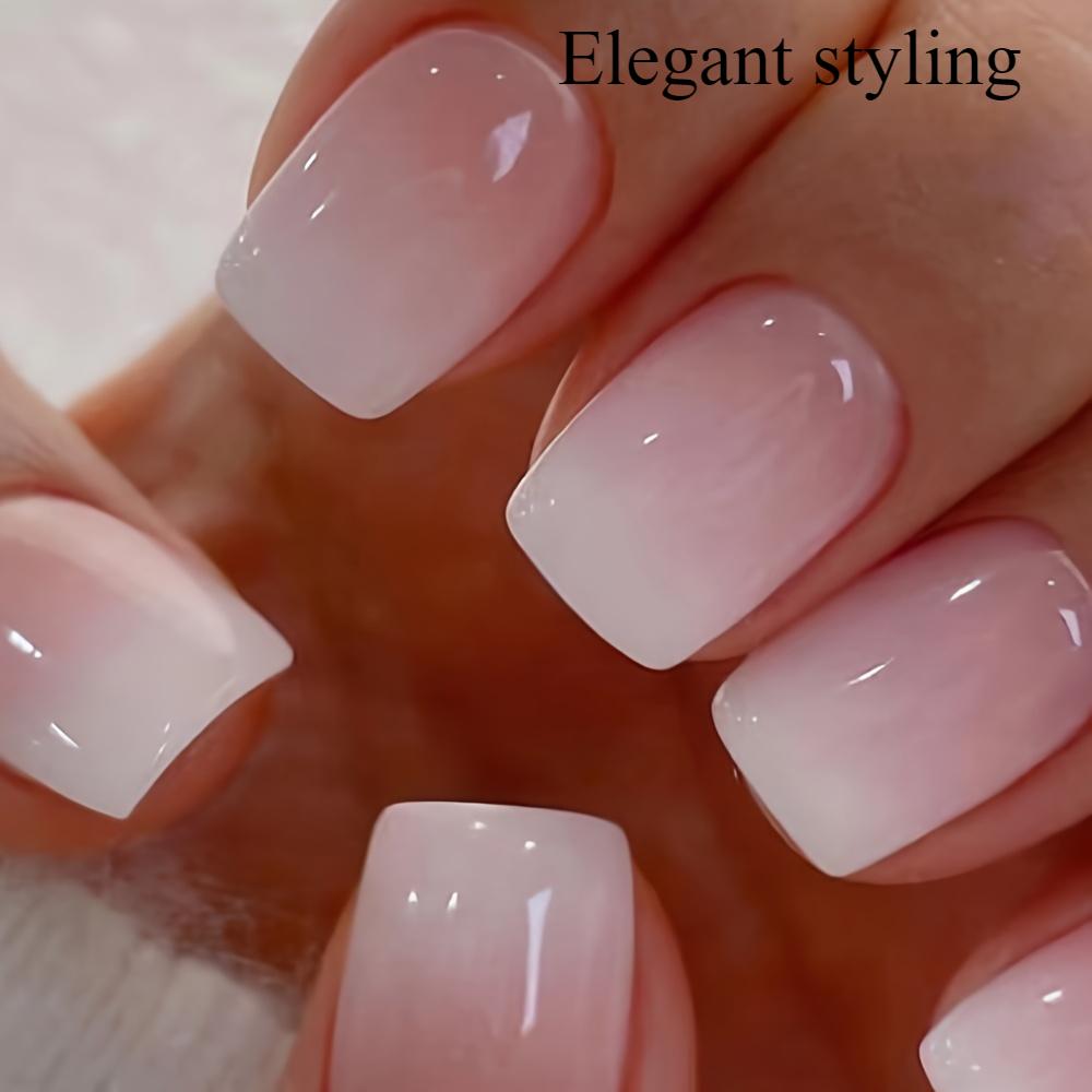 Натуральный комплект из 24 коротких квадратных доспехов, постепенное изменение цвета, розовый и смазанный новый доспех, подходящий женщинам для ежедневного ношения накладных ногтей.