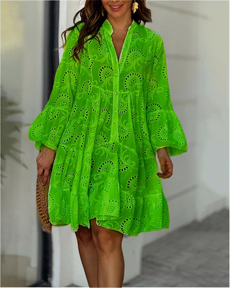 Summer Elegant Vintage Solid Lace Dress V-neck Loose Hollow Out Pattern Embroidery Vestidos Women Beach Sexy Mini Dresses