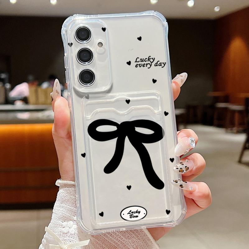 Черный чехол с бантом и слотом для карт, ударопрочный прозрачный чехол для Samsung S25 S24 FE S23 Ultra S22 A56 A36 A55 A16 A06 A15 A26, тонкий, мягкий, силиконовый чехол для телефона