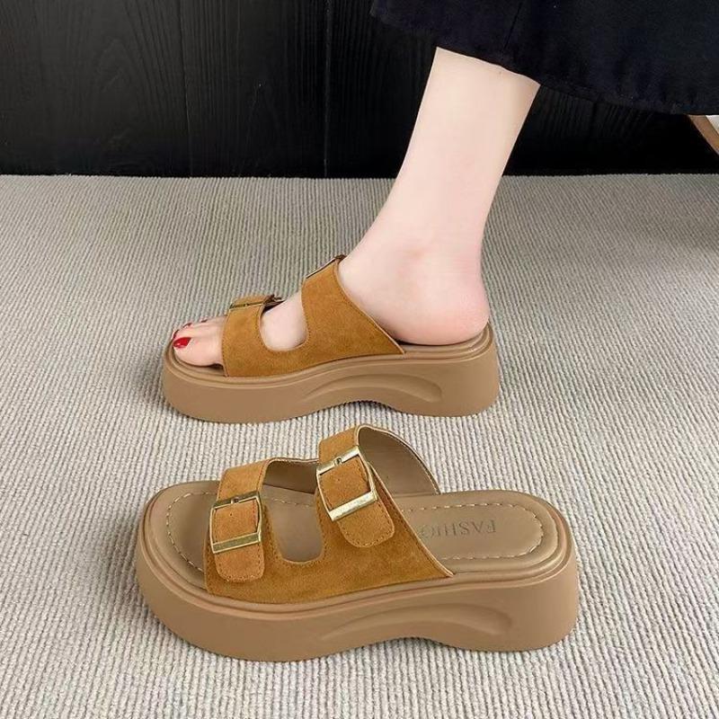 Leather Slippers Women's New Summer Wear One-word Drag Thick-soled Non-slip Beach Sandals