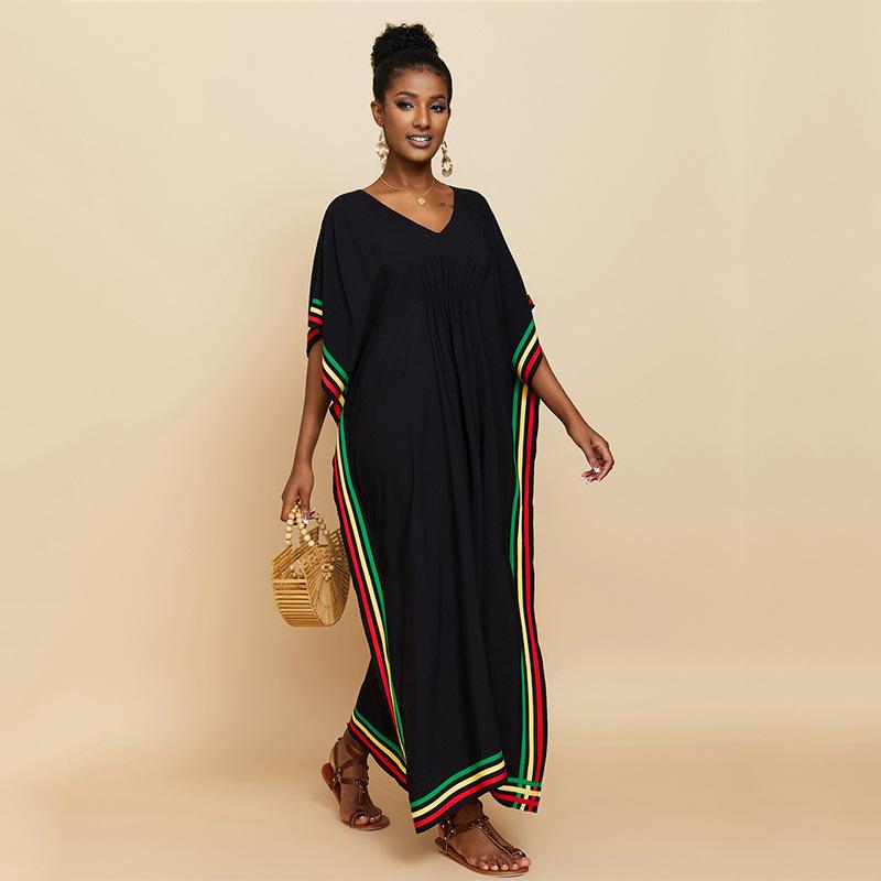 Black Beach Kaftans Color Block Women Maxi Dresses Summer Holiday Bathing Suits Factory Supply