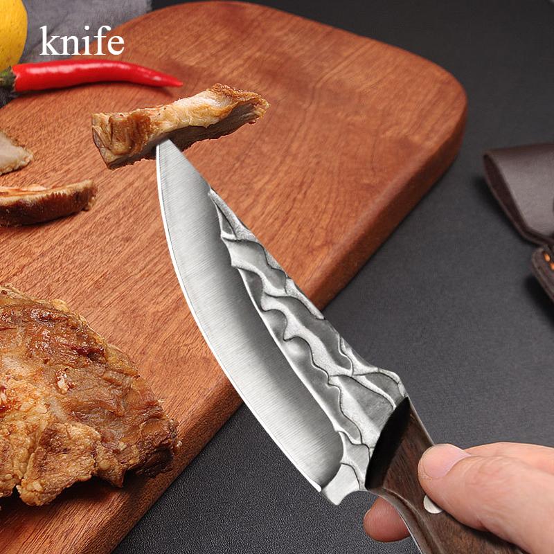 Hand Forged Kitchen Knife, Hammered Pattern Stainless Steel Blade, Ergonomic Solid Wood Handle, Sharp Utility Knife with Leather Sheath