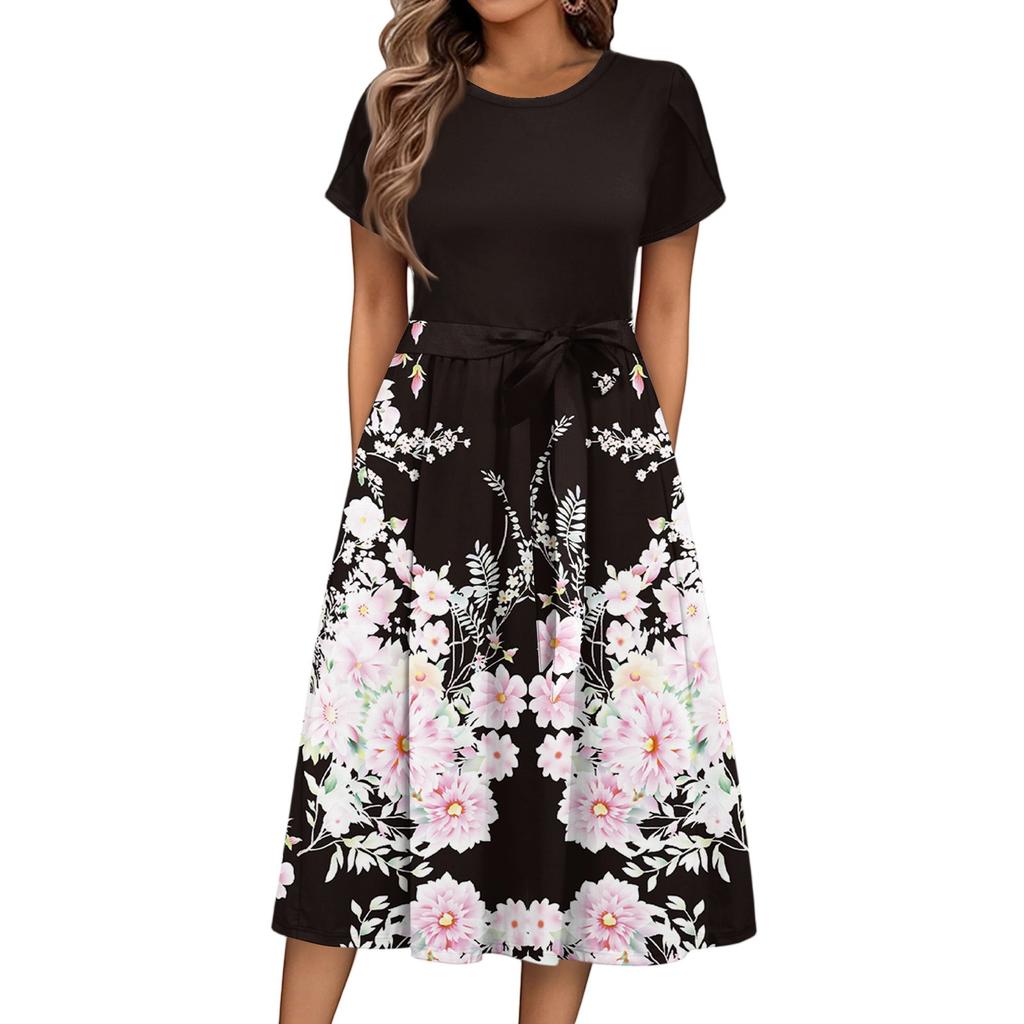 Women's Casual Cute Pattern Print Round Neck Midi Dress Basic Classic Outdoor Everyday Short Sleeve Loose Dress