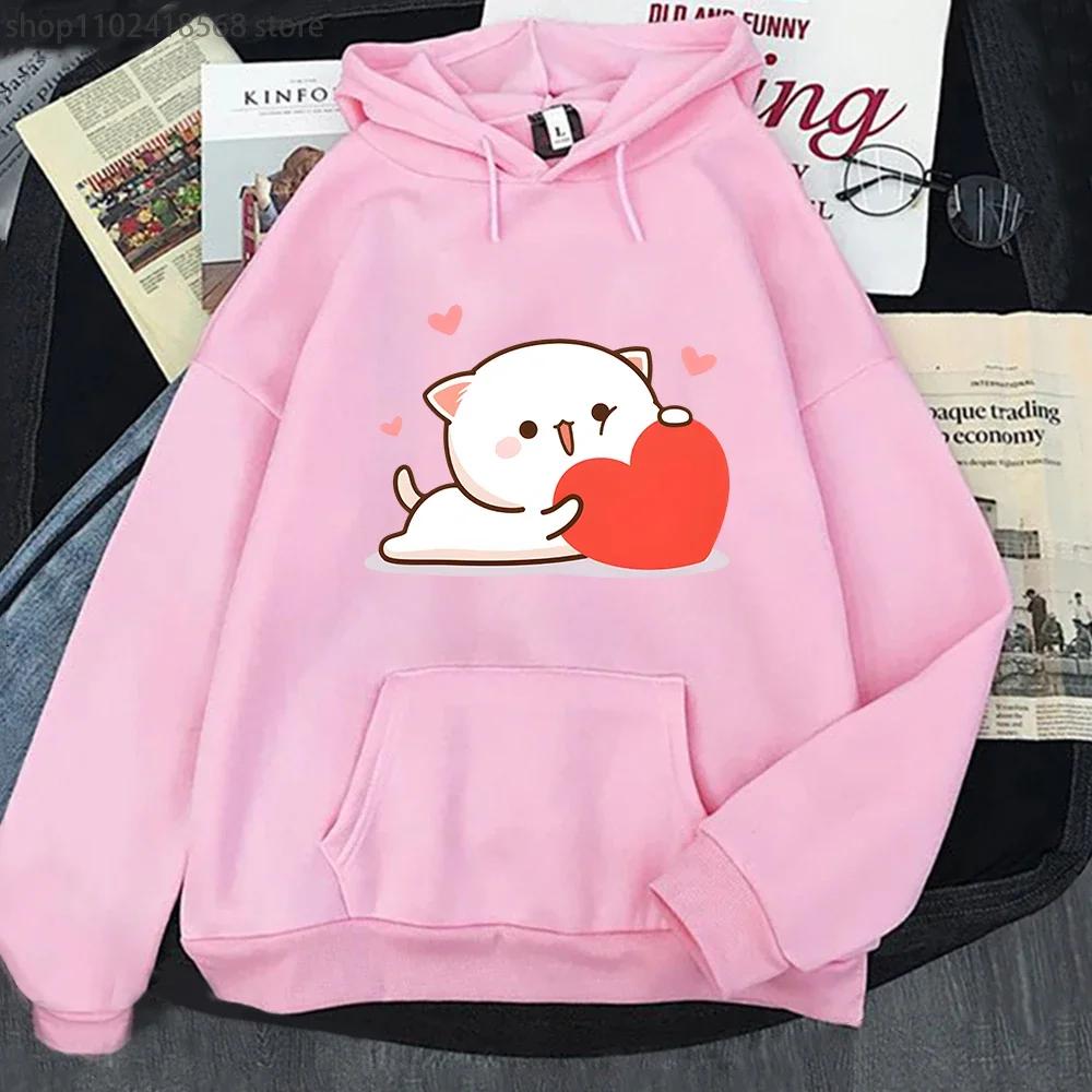 Kawaii Peach Cat Hoodies Cartoon Cute Printed Sweatshirt Women Tops Ropa Aesthetic Clothes Women Female Korean Hoody