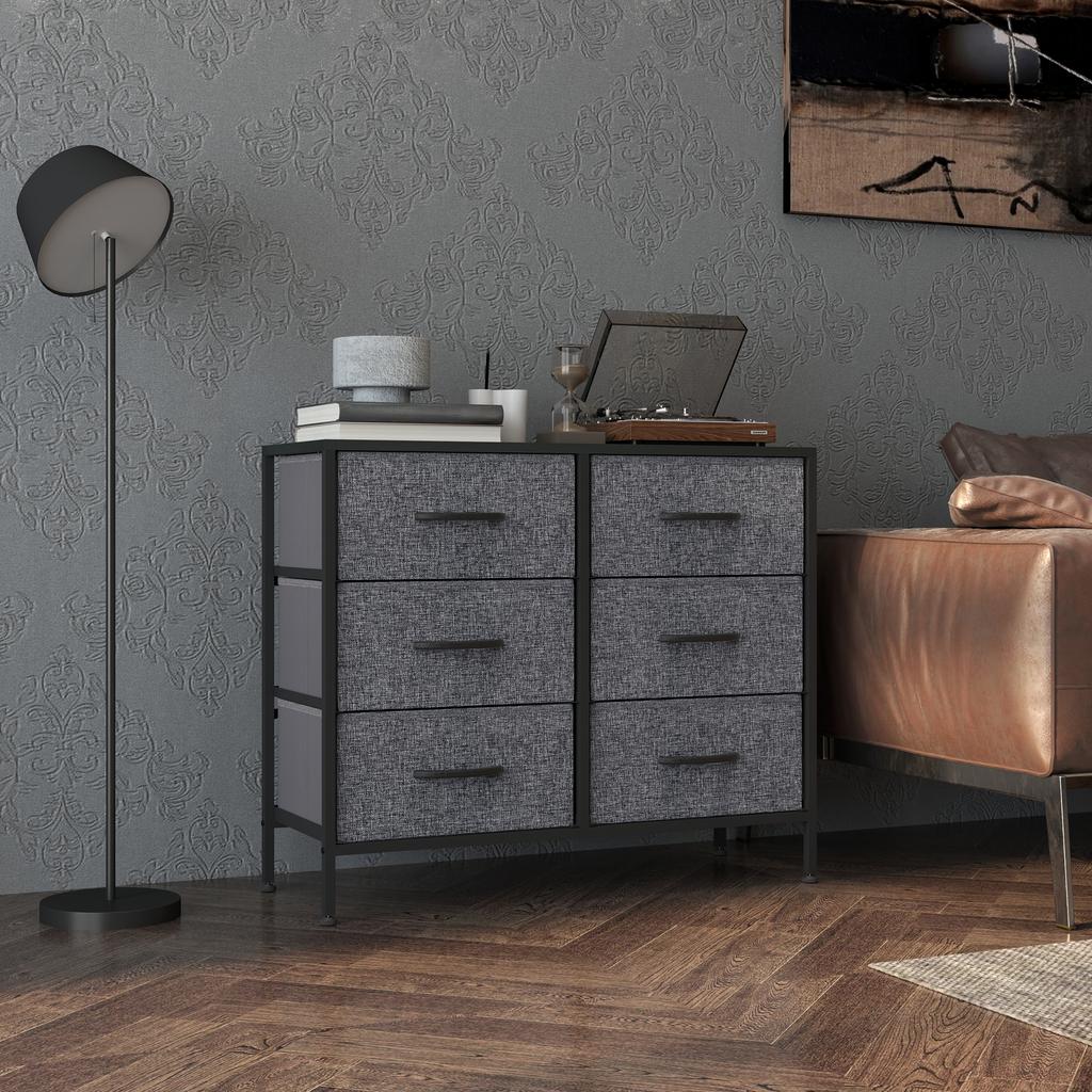 Fabric Chest of Drawers, Industrial Bedroom Dresser with 6 Fabric Drawers, Steel Frame and Wooden Top for Nursery, Living Room, Hallway, Black