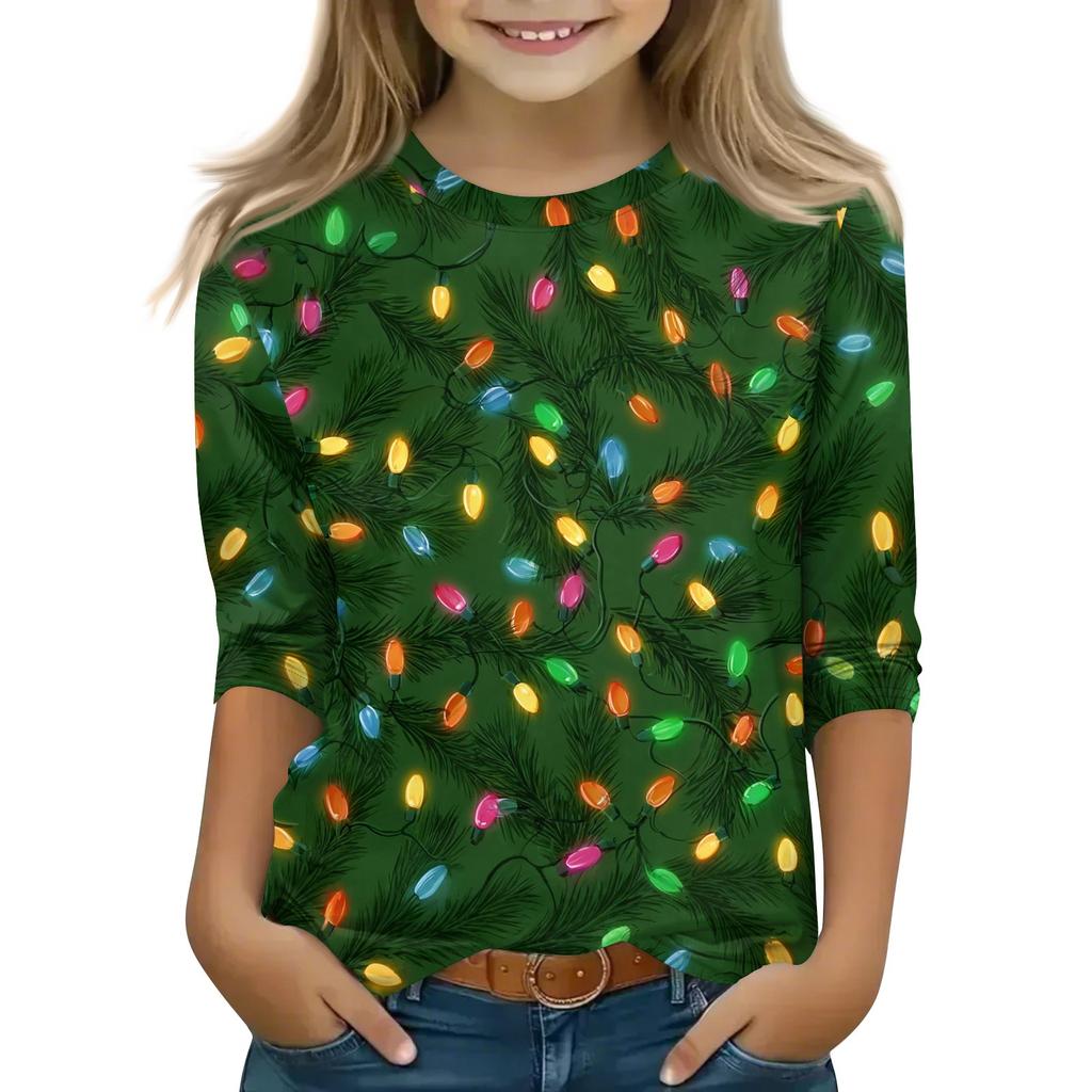 Children's 3/4 Sleeve Tops Casual Christmas Print T Shirt Round Neck Pullover Blouse