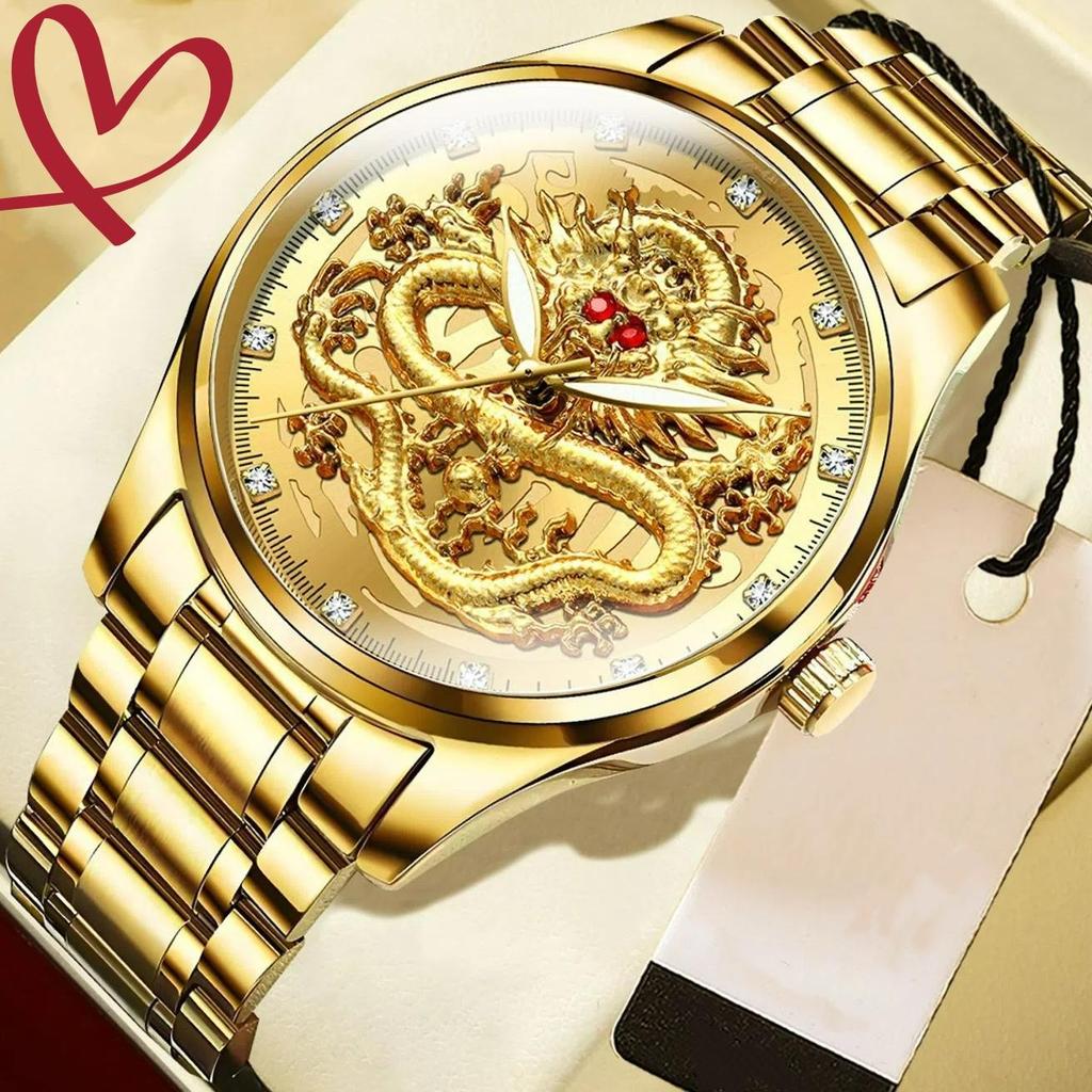 FNGEEN Men's Watch Light Luxury Relief Golden Dragon Watch Waterproof Diamond Inlaid Ruby Mens Quartz Watch