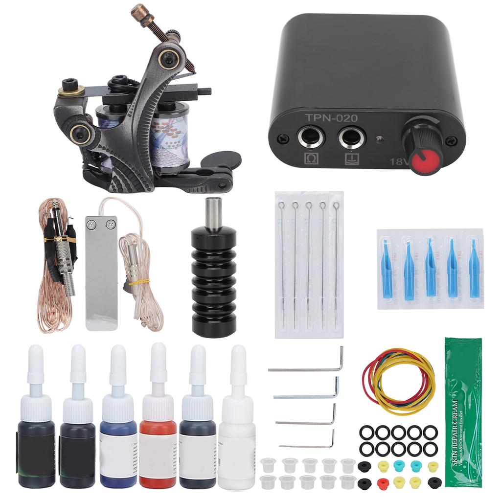 Professional Tattoo Machine Kit 10 Wraps Tattoo Coil Machine Complete Tattoo Power Supply Kit