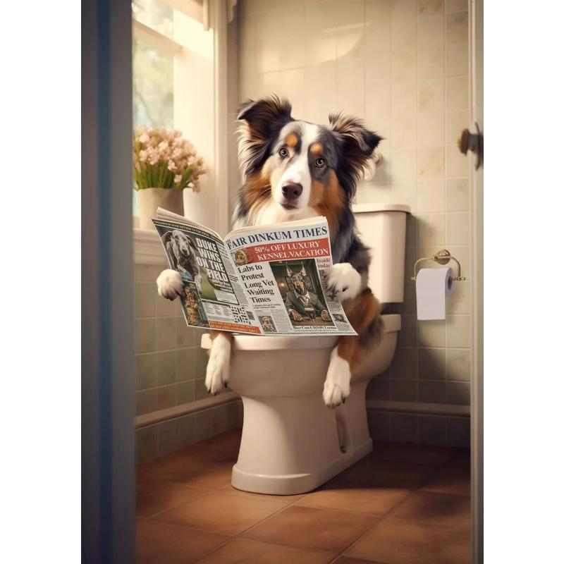 Современный лев, собака, хайленд, сидящая на унитазе и читающая газету, плакат, забавный принт с животными, картина на холсте, декор для ванной комнаты, картина