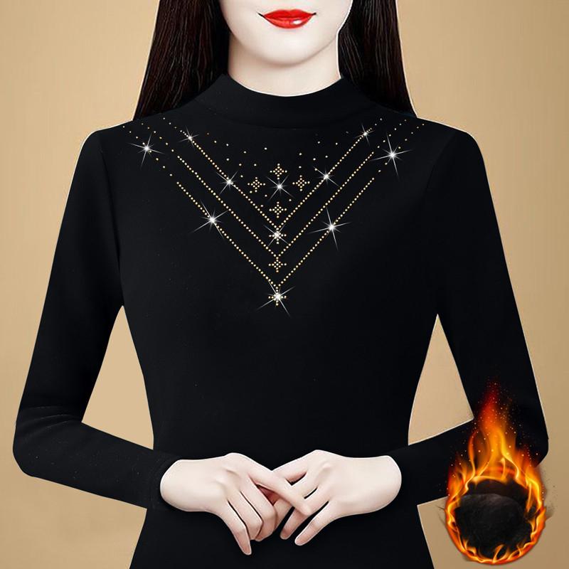 Semi-turtleneck Bottoming Shirt Women's Spring New Inner Fit Slim-fitting Velvet Thermal Top Long-sleeved T-shirt