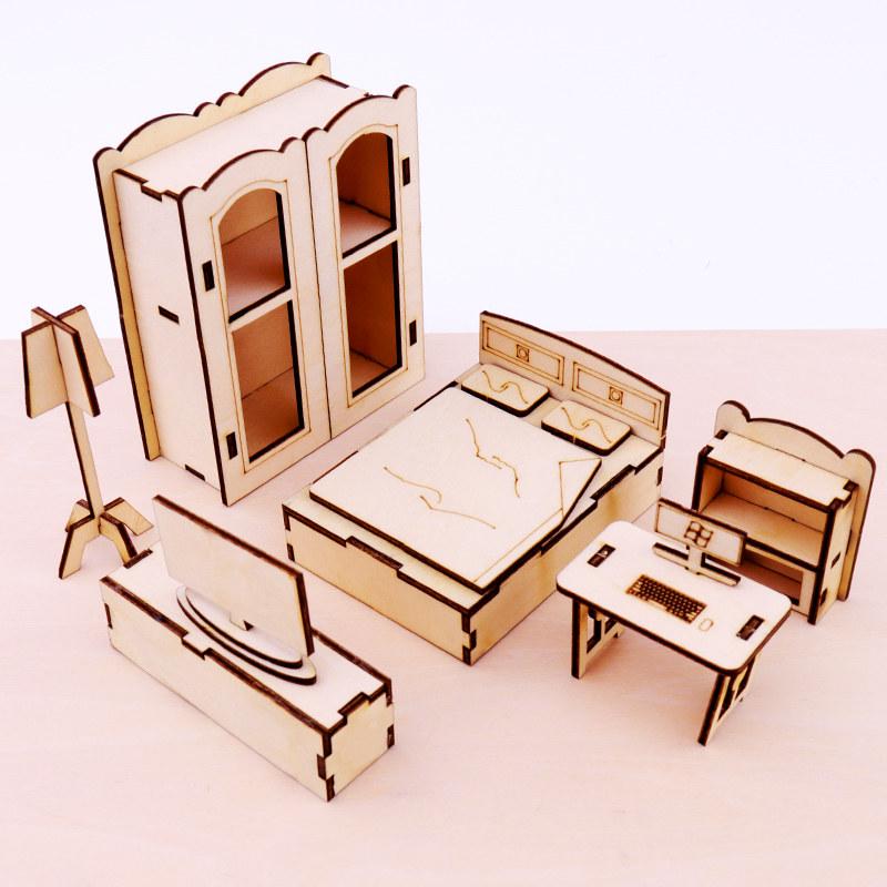 Миниатюрный деревянный DIY домик для интерьера с мебелью