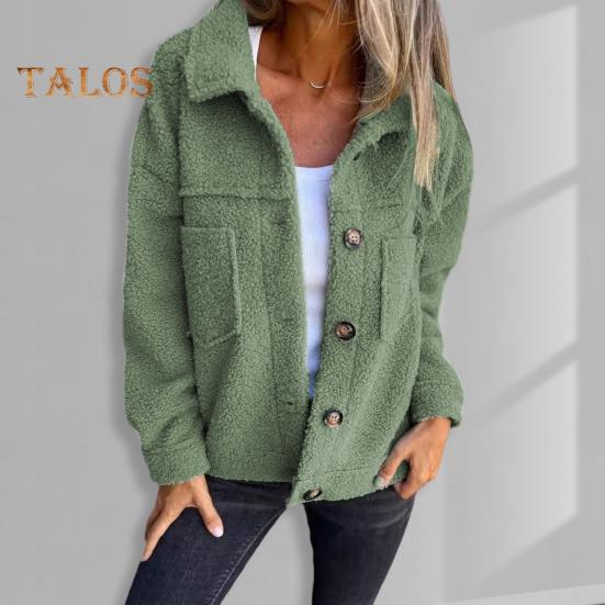 Winter Women Jacket with Double Pockets Thick Fleece Button Closure Cardigan Long Sleeves Warm Windproof Heat Retention Outdoor Coat