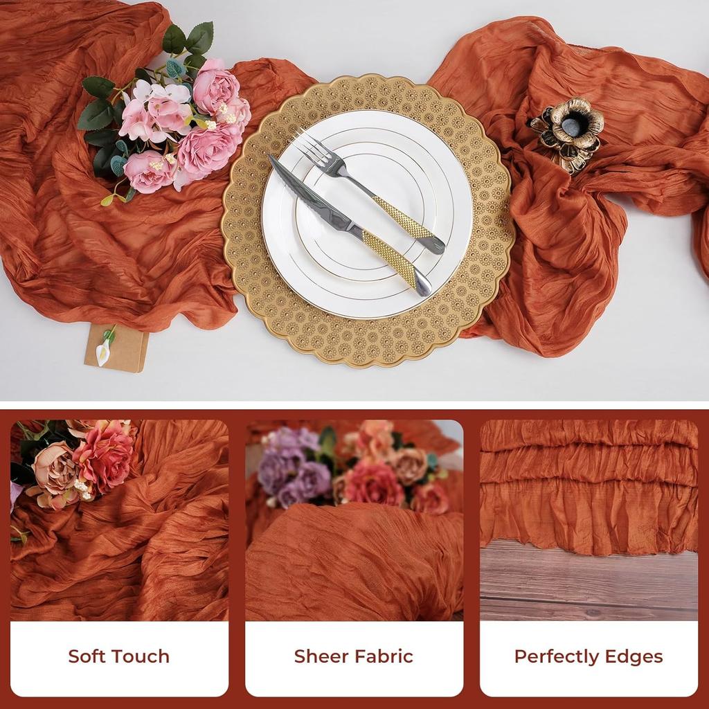 10PCS Terracotta Semi-Sheer Table Runner Gauze Cheesecloth Table Setting Dining Wedding Reception Events Christmas Fall Decor