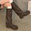 Зимние женские высокие сапоги Кожаные туфли на среднем каблуке Сапоги до колена Массивные Модные Мотоциклетные сапоги Зимний тренд 2024 Готические Botas De Mujer