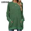 Autumn and Winter Women's Plus Size Striped Clashing Colours Round Neck Long Sleeve Pocket Sweatshirt