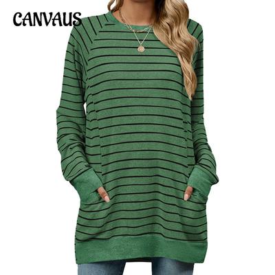 Осенне-зимняя женская толстовка больших размеров в полоску с яркими цветами, круглым вырезом, длинными рукавами и карманами