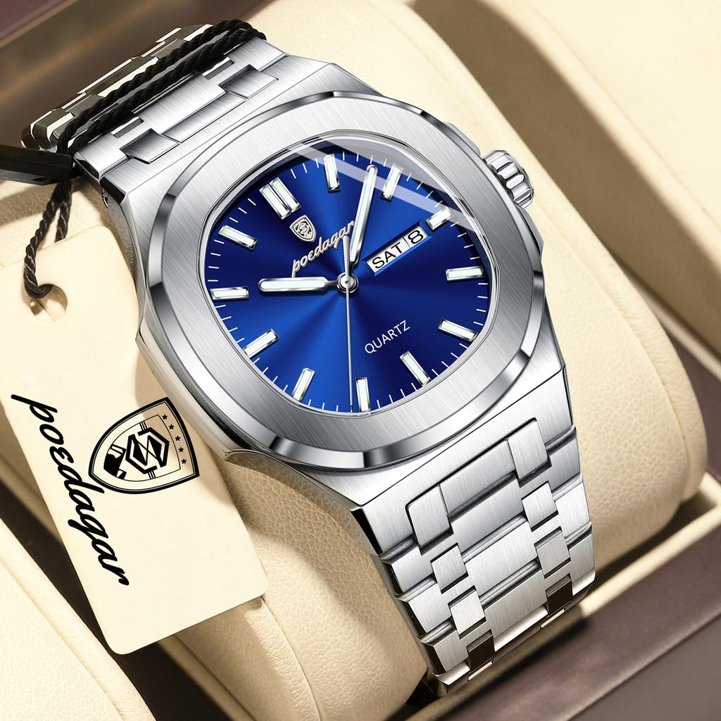 POEDAGAR Luxury Casual Men's Clock Waterproof Luminous Date Week Men Watch Stainless Steel Quartz Business Watches For Man Reloj