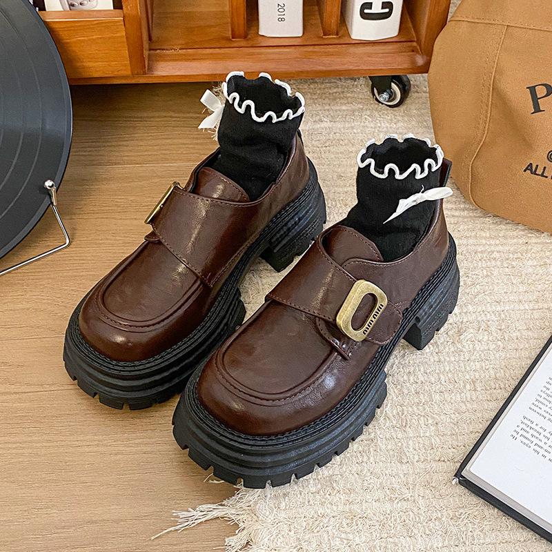 Platform Mary Jane Small Leather Shoes Women's Velcro British Style 2025 Autumn New Versatile Height Increasing Black Loafers