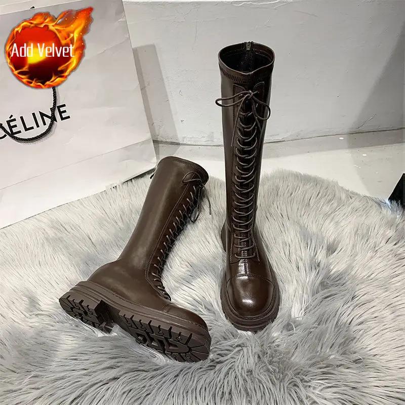 Зима 2024 года, эластичные женские туфли на среднем каблуке с высоким голенищем, водонепроницаемые, распродажа, обувь, новинка в демисезоне, женские длинные сапоги