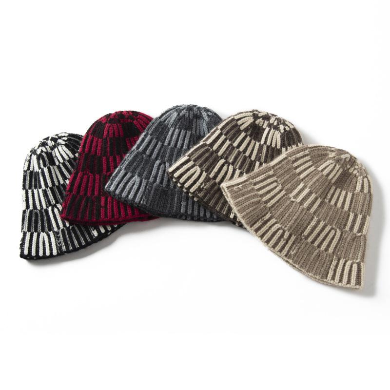New color matching plaid cashmere knitted fisherman hat women's striped dome warm face small cashmere basin hat