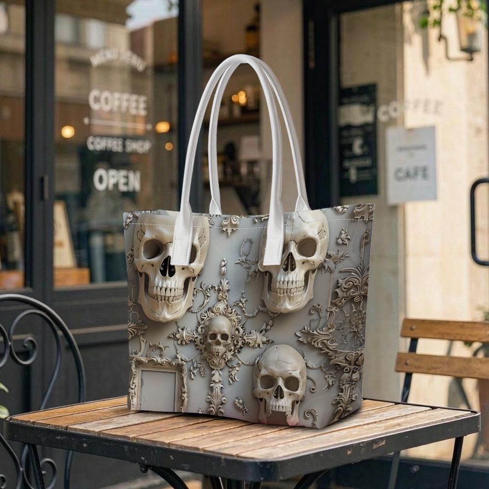 Gothic Skull Print Shoulder Tote Bag Trendy Dark Style Carryall for Daily Use