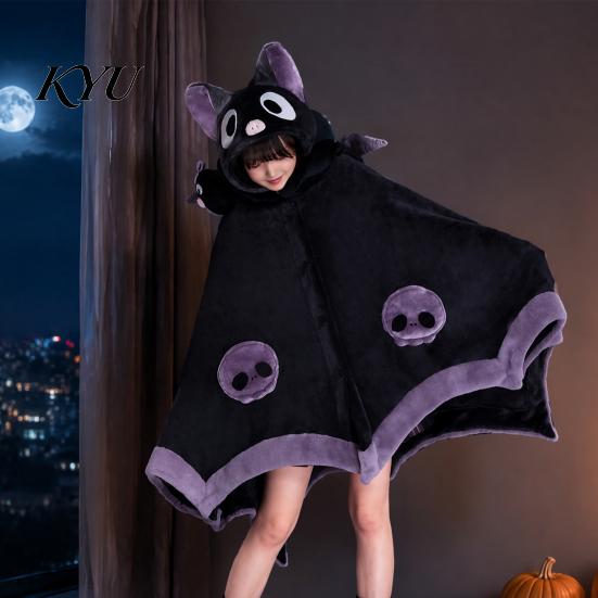 Versatile Warm Shawl Bat Blanket Hoodie for Adults, Cute Shark Fox Hooded Cape, Soft Plush Cape Cozy Wearable Halloween Cosplay Home Loungewear Party