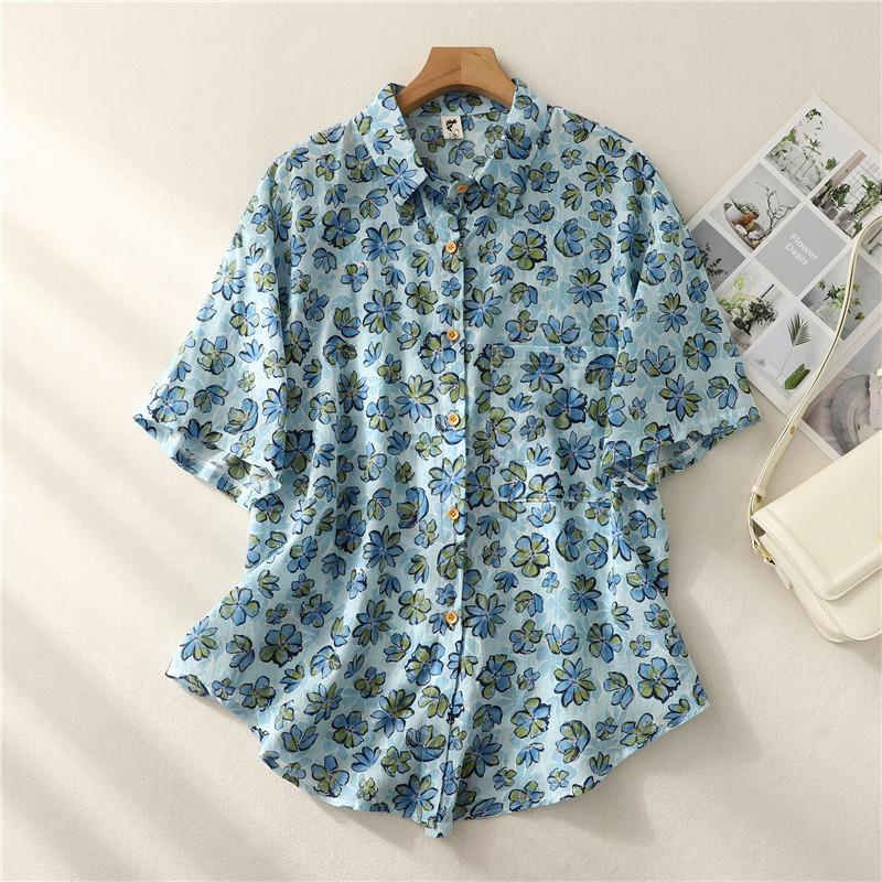 Retro printed short-sleeved cotton large-size shirt casual Hong Kong style loose shirt trendy summer 1116 new women