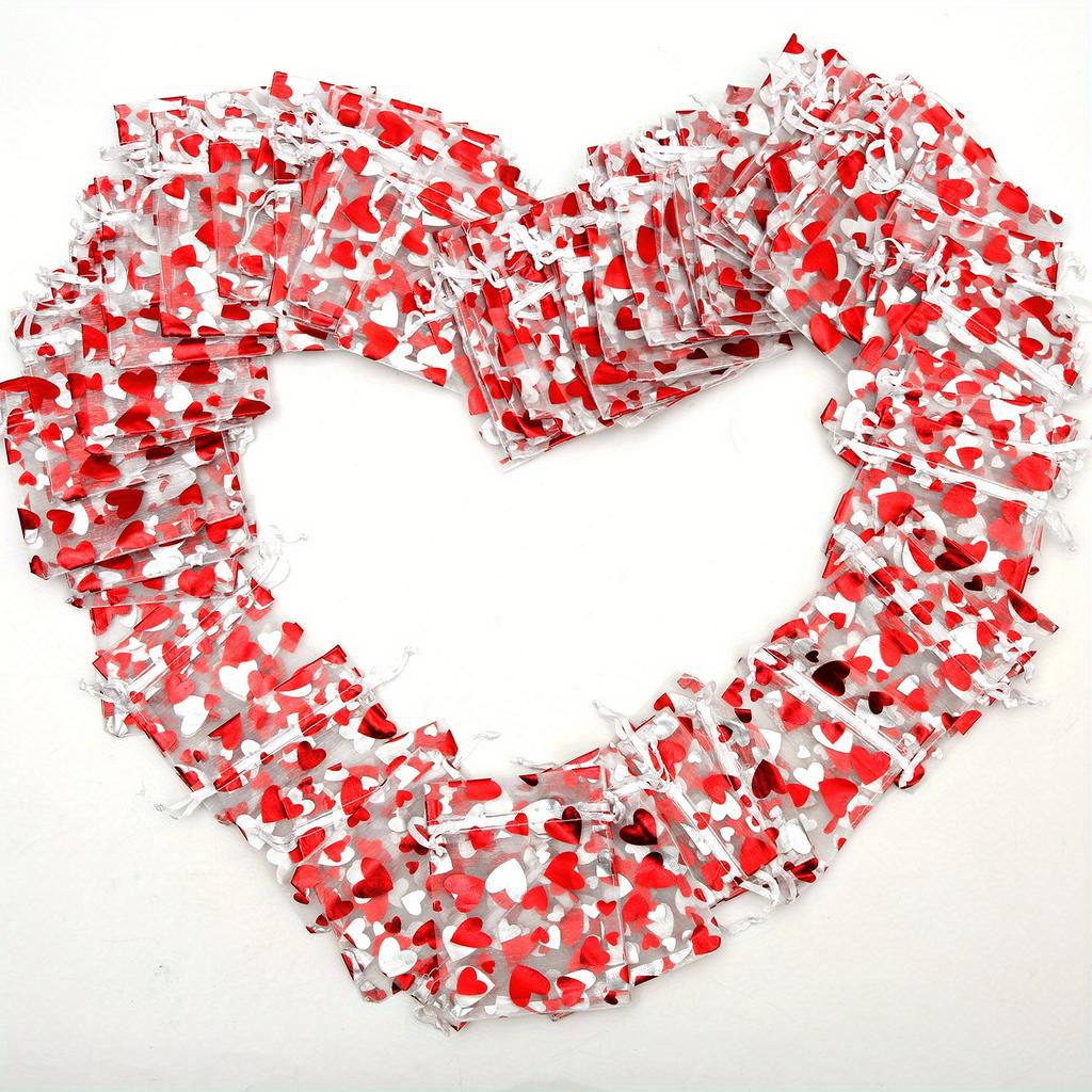 50pcs Valentine'S Day Organza Candy Bags,Red Heart-Shaped Mesh Jewelry Pouches with Drawstring Closure,Perfect for Wedding