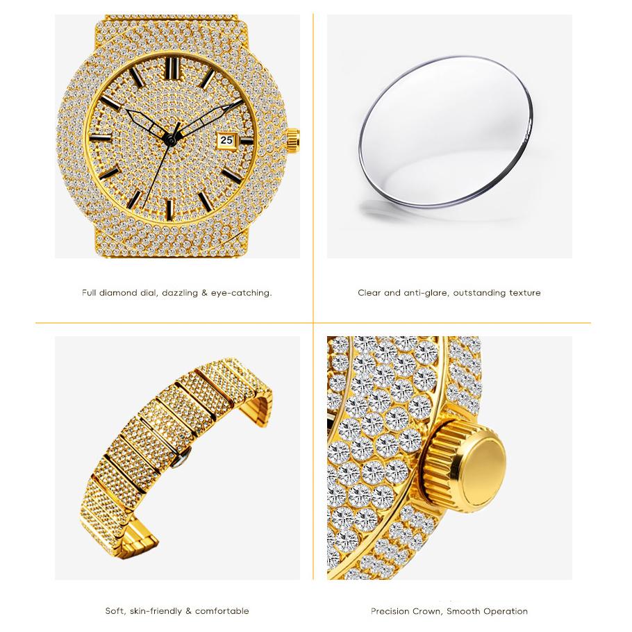 Bling Diamond Wrist Watches for Ladies Sparkling Full Crystal Quartz Watch Date Waterproof Fashion Dress Watch for Man