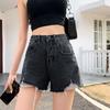Classic and Minimalist Fashion with Black and Gray High-waisted Female Broken Holes Burlap A-line Thin Section Thin Outside Wearing Denim Shorts