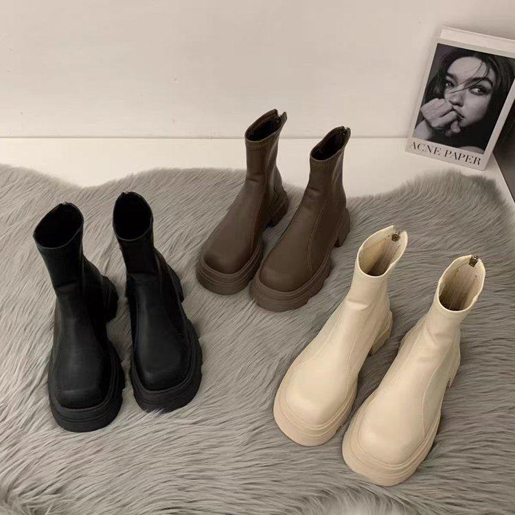 Осенние и зимние сапоги на толстой подошве Женские сапоги Весенние сапоги с подкладкой Ботильоны скинни Французские корейские короткие сапоги