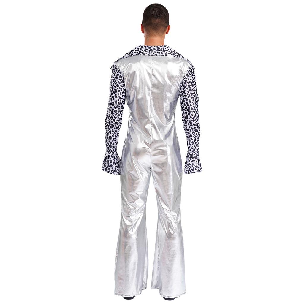 Men Hippie Romper V Neck Lapel Flare Sleeves Bell Bottom Jumpsuit Patchwork Design Music Festival Wear