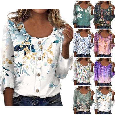 Женский модный повседневный топ на пуговицах с рукавом три четверти с цветочным принтом и круглым вырезом