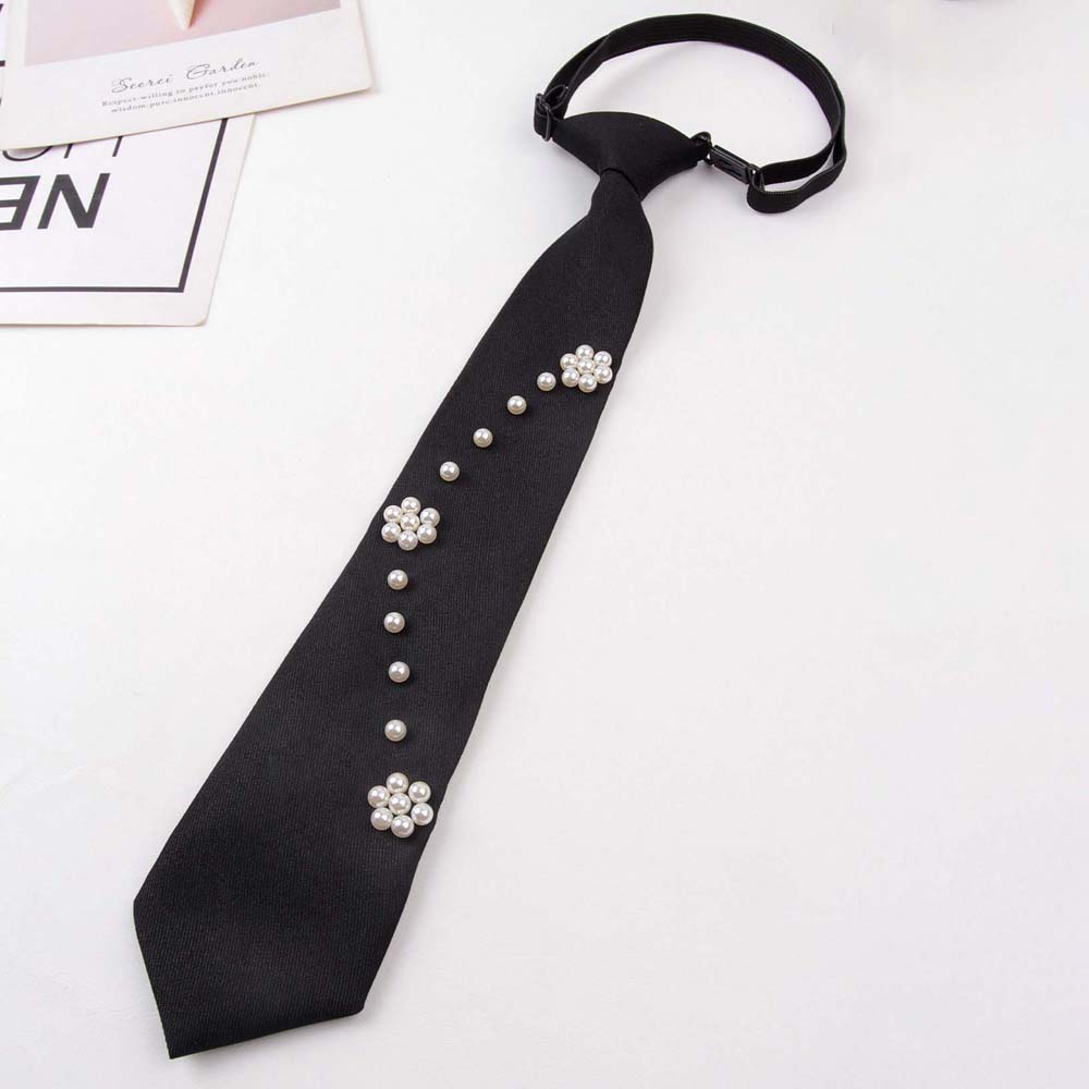Korean Style Pearls Tie Black Decoration Shirt Tie Elegant Hand-beaded Long Necktie Students