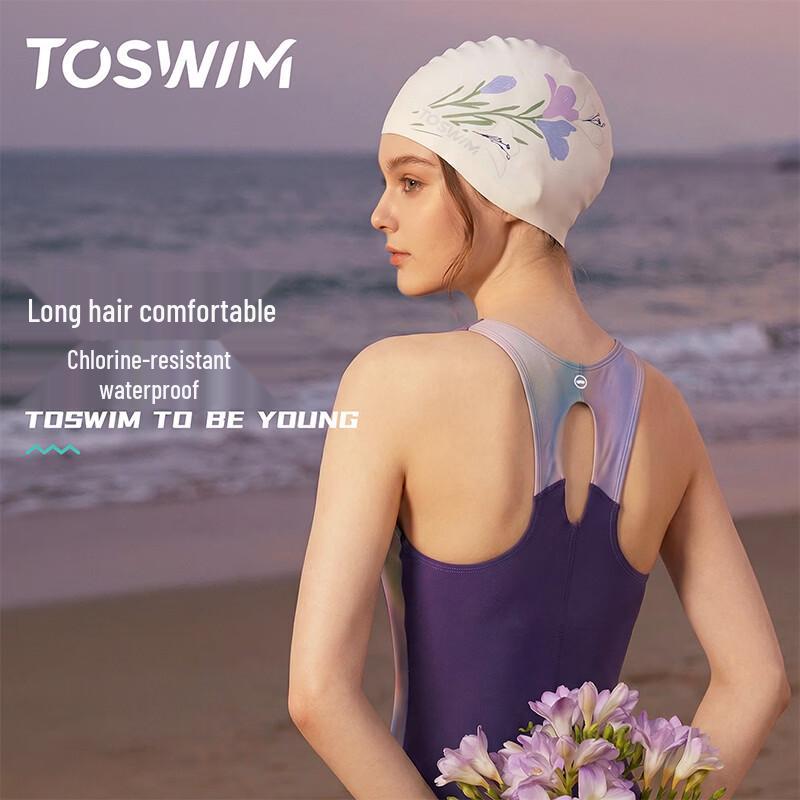 Женская силиконовая шапочка для плавания TOSWIM с принтом для длинных волос