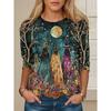 Women's T Shirt Tee Print Halloween Casual Long Sleeve Crew Neck Navy Blue Spring Fall