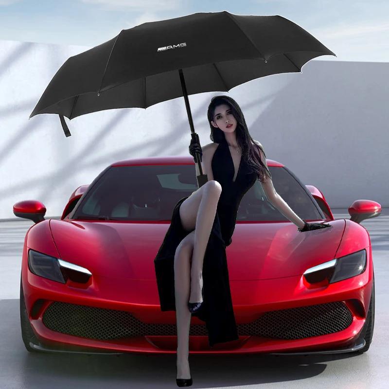 Windproof AMG Badge Rain Fully Automatic Compact 3 Folding Umbrella for AMG W176 W205 W177 C260L A B C E G GT SLK Center Hub Cap