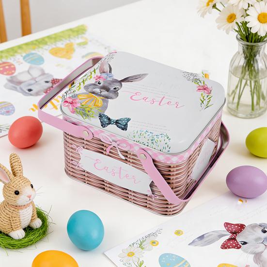 Портативная жестяная коробка для хранения пасхального печенья и конфет с 2 ручками, пустая жестяная банка, контейнер для хранения печенья и конфет для вечеринки на Пасху