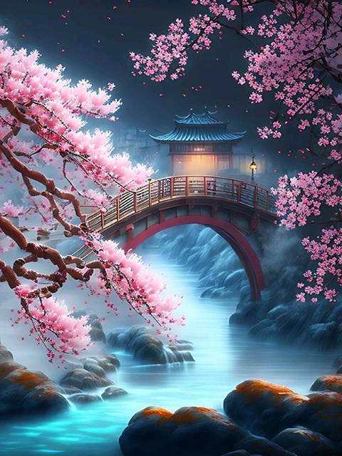 Японская вишня в цвету 5D DIY алмазная живопись водопад храм пейзаж полная алмазная мозаика вышивка крестиком