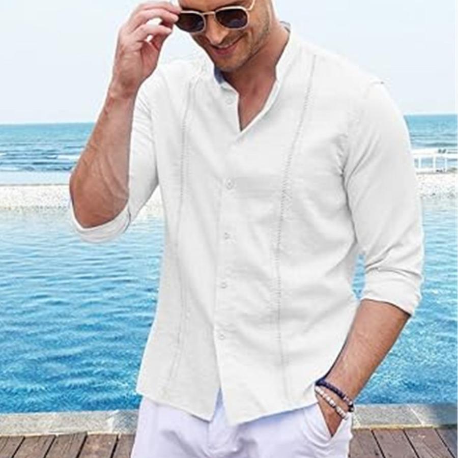 Cotton Linen Shirt Stand Up Collar Men's Shirt Casual Buttons Summer Beach Vacation Tops Grey Black White Khaki Shirts